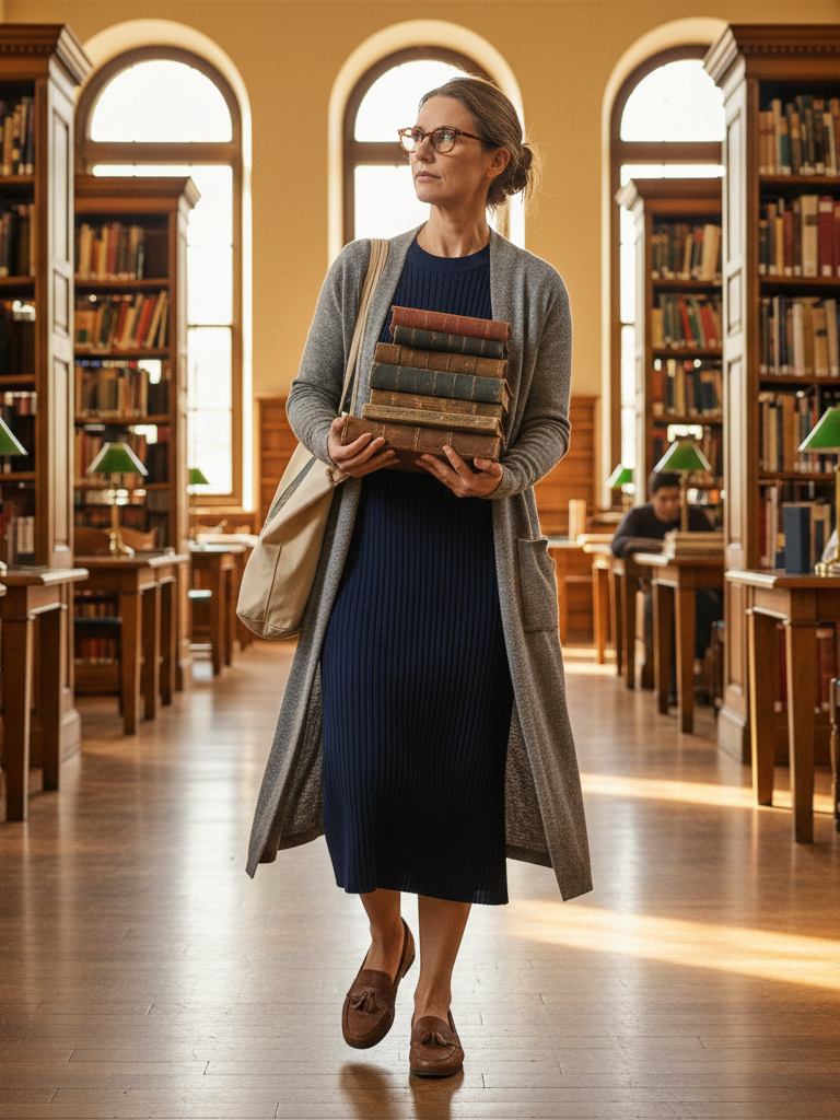Midi Dress + Long Cardigan + Slip-On Loafers