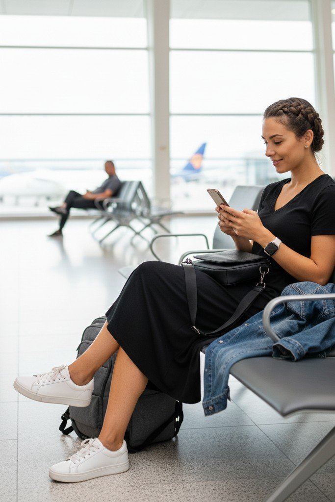 Midi Dress + Sneakers & Denim Jacket