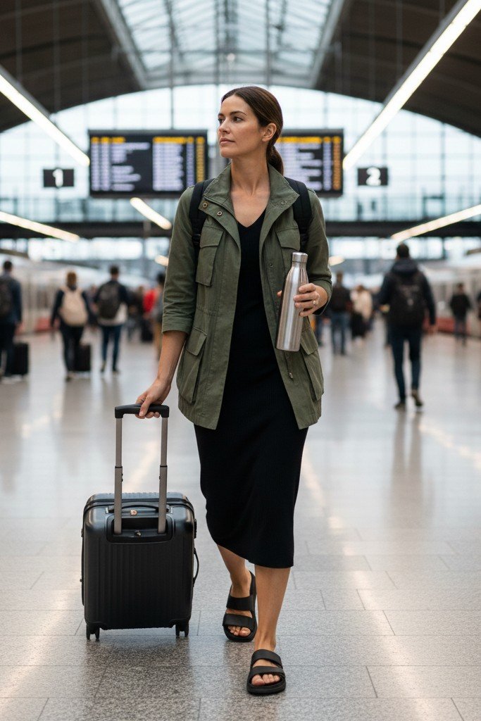 Midi Dress + Utility Jacket + Comfort Slide Sandals