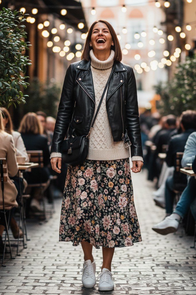 Midi Skirt + Chunky Knit + Leather Jacket + Sneakers