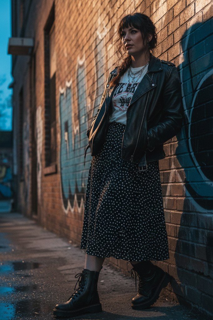 Midi Skirt + Graphic Tee + Leather Jacket