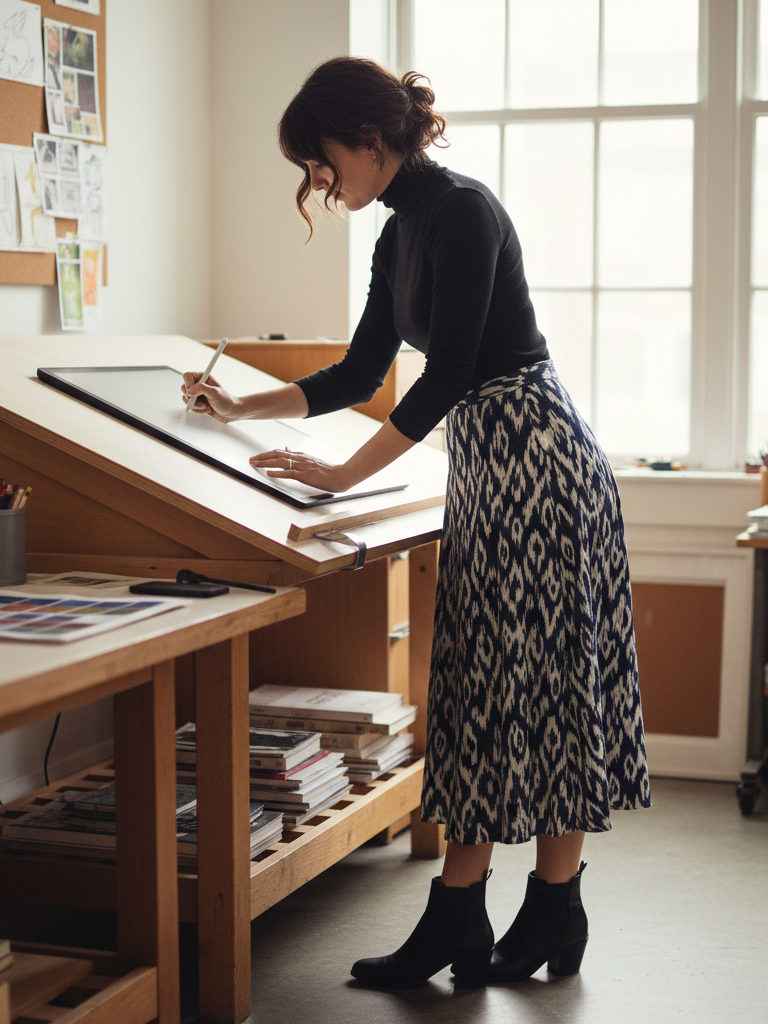Midi Skirt + Sweater + Ankle Boots