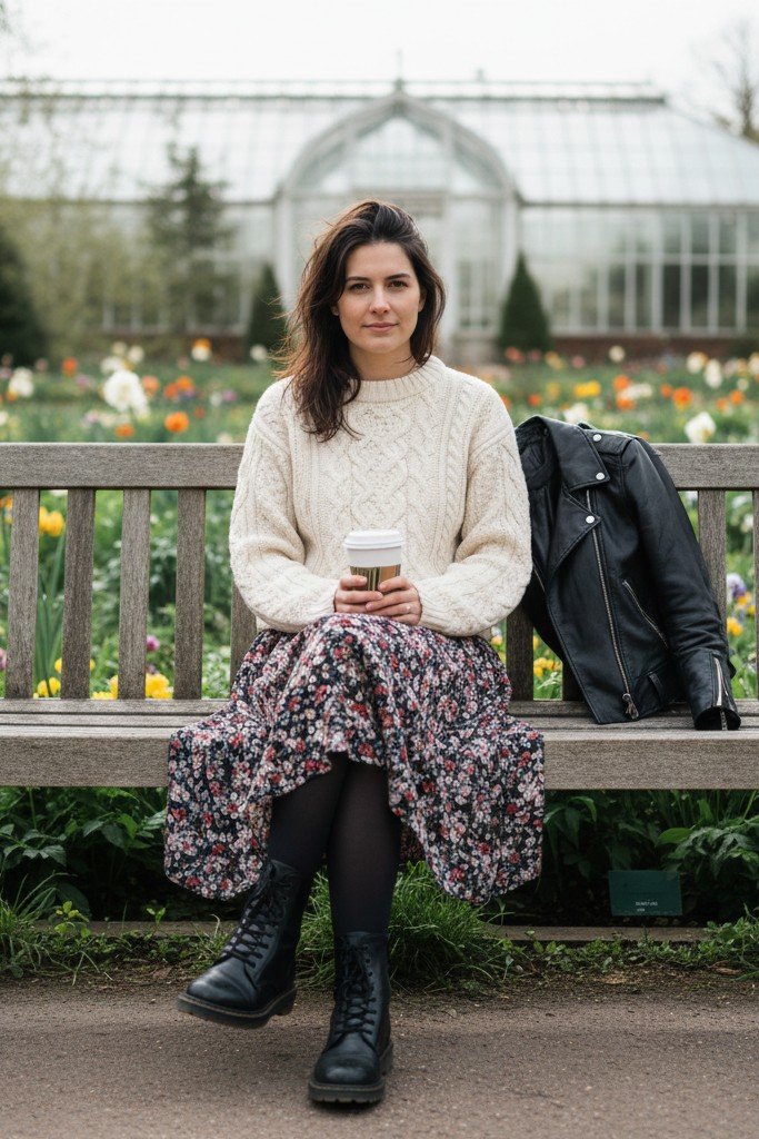 Midi Skirt + Thick Tights + Sweater + Combat Boots