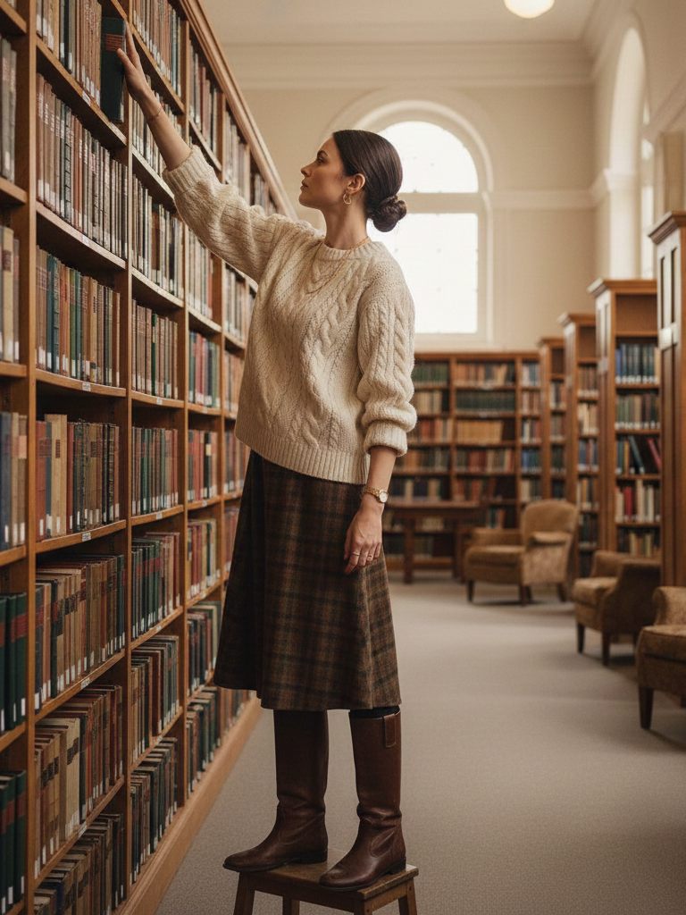 Midi Skirt + Tights + Sweater + Knee-High Boots