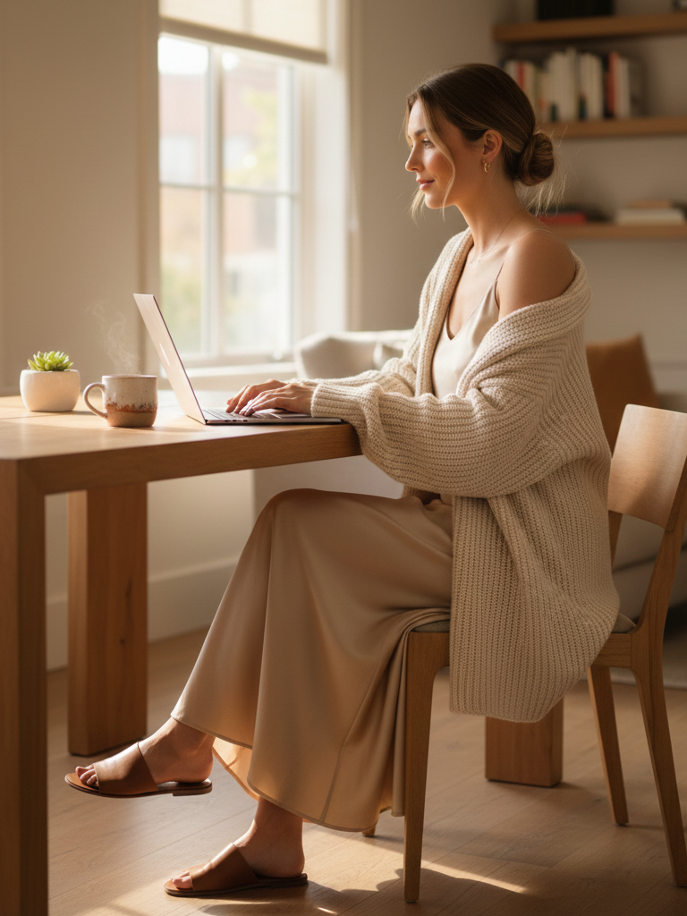 Midi Slip Dress + Chunkier Knit + Slides