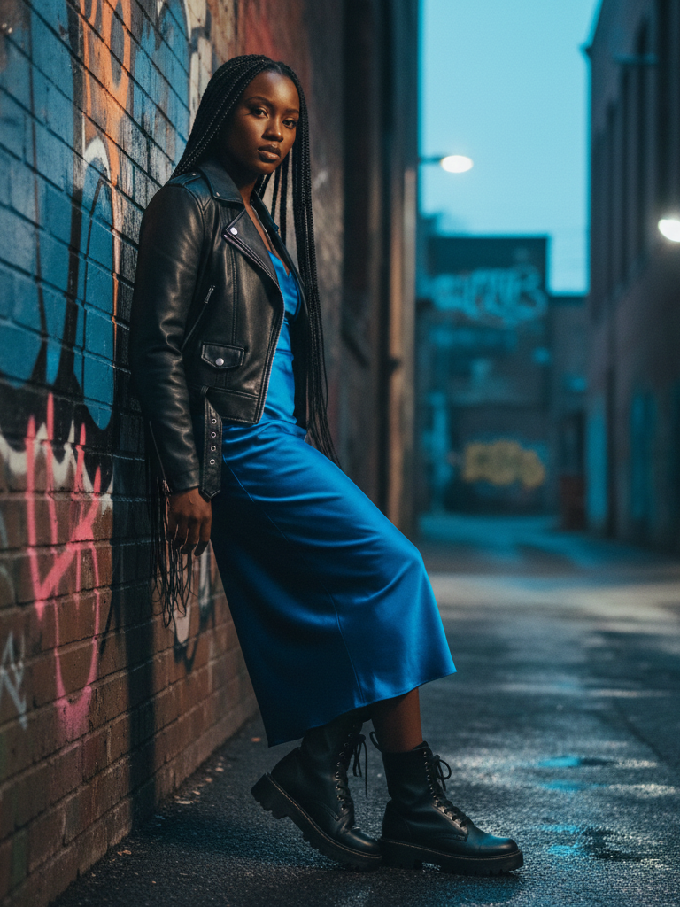 Midi Slip Dress + Chunky Boots + Leather Jacket