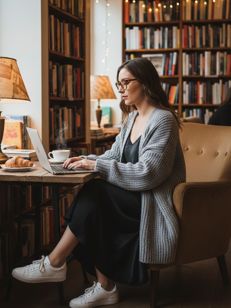 Midi Slip Dress + Chunky Cardigan + Sneakers