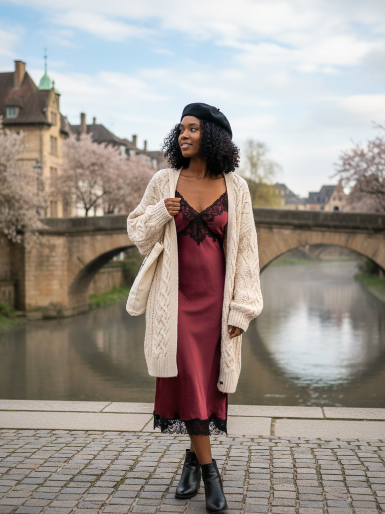 Midi Slip Dress + Chunky Knit Sweater + Ankle Boots