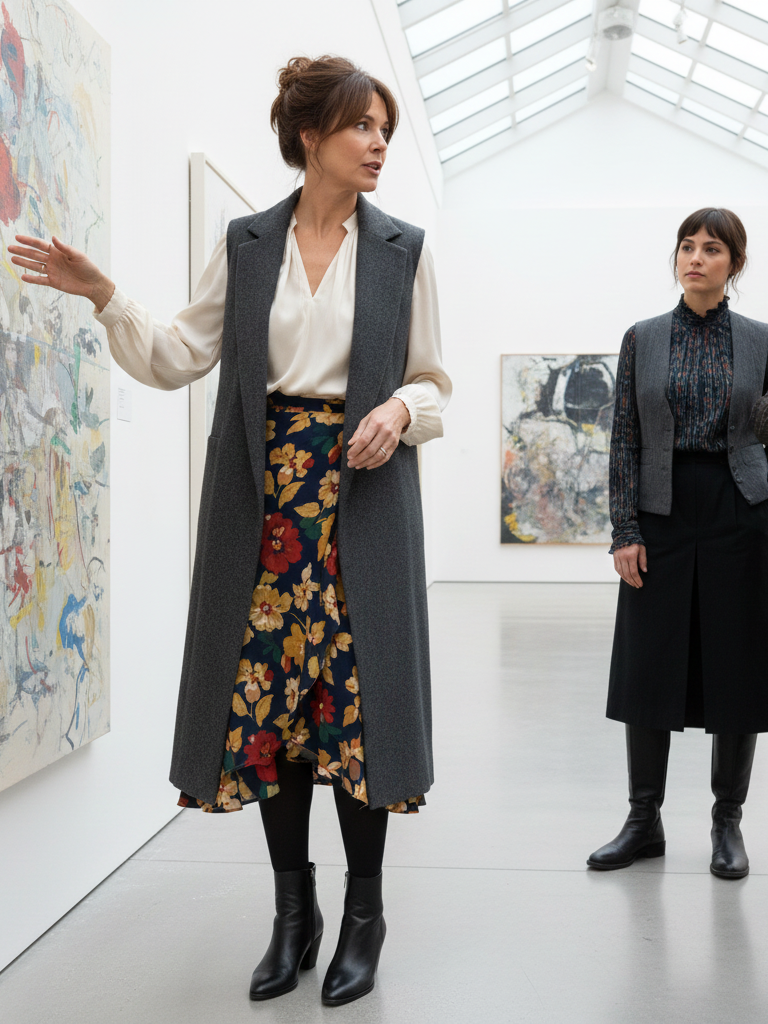 Midi Wrap Skirt + Silk Blouse + Longline Vest + Ankle Boots