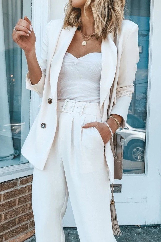 Monochromatic White Blazer & Trousers + White Bustier + Gold Necklaces
