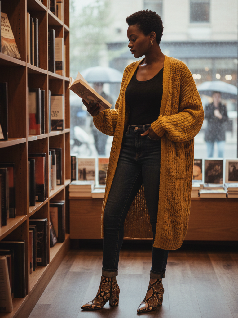 Mustard Yellow Cardigan + Dark Wash Skinny Jeans + Snake Print Booties