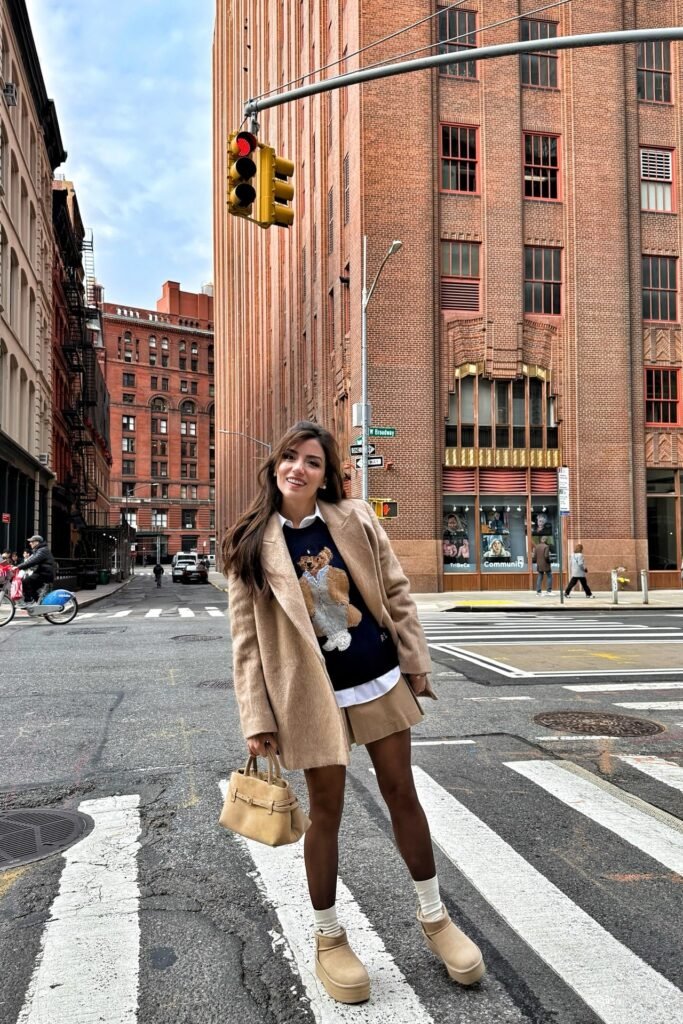 Navy Bear Sweater & Beige Blazer + Khaki Mini Skirt + Platform Mini Boots
