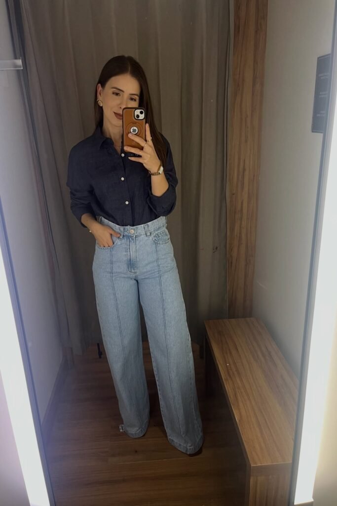 Navy Blue Button-Down Shirt + Light Wash Wide-Leg Jeans + Brown Flat Sandals