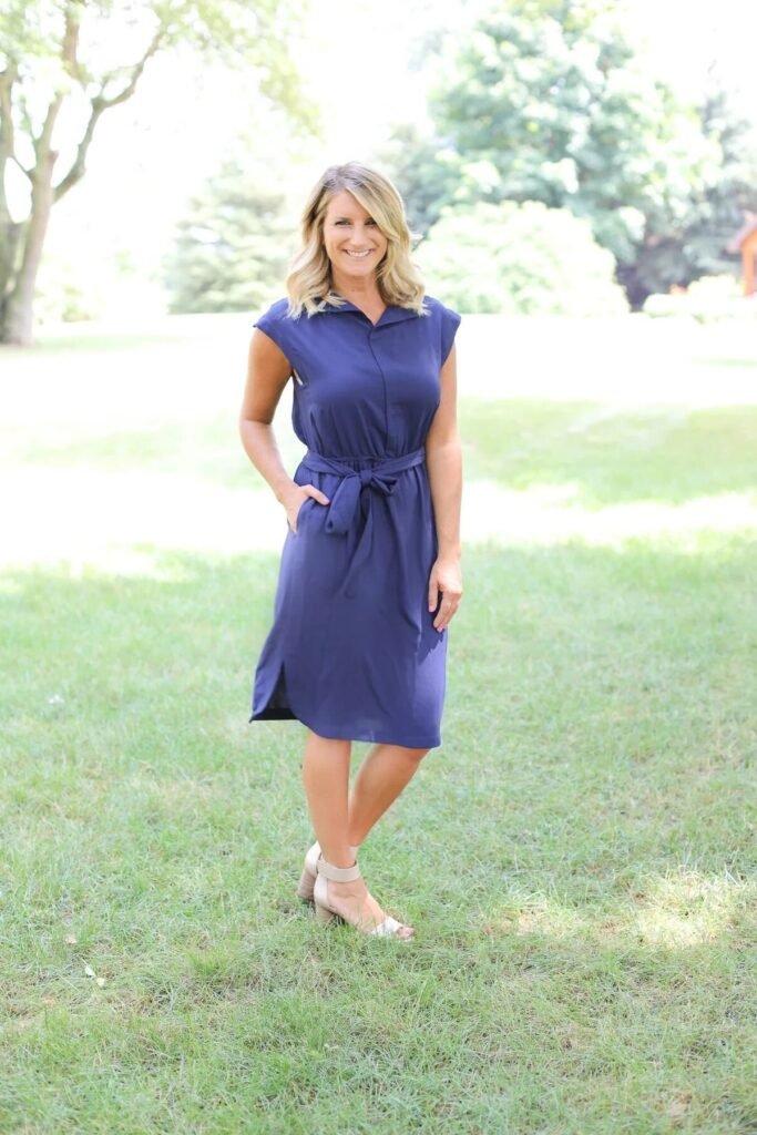 Navy Blue Sleeveless Shirt Dress + Tie Waist Belt + Nude Heeled Sandals