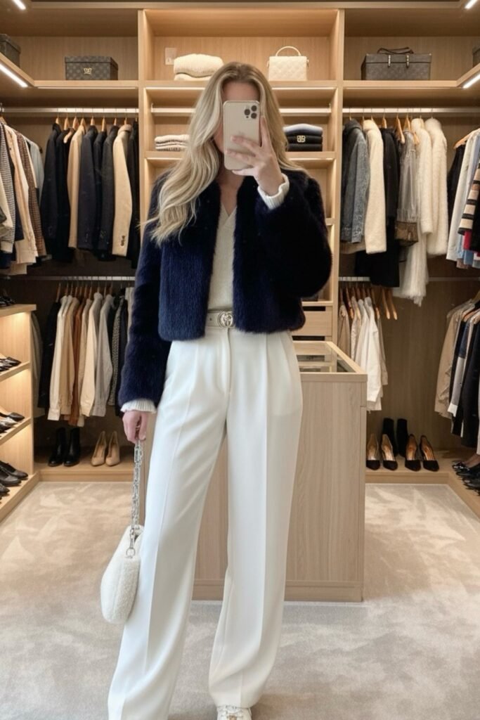 Navy Faux Fur Cropped Jacket + White Knit Top + White Wide-Leg Trousers