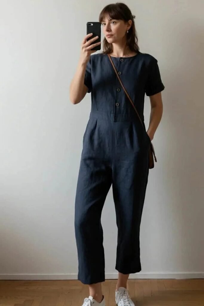 Navy Linen Short Sleeve Jumpsuit + Brown Leather Crossbody Strap + White Sneakers