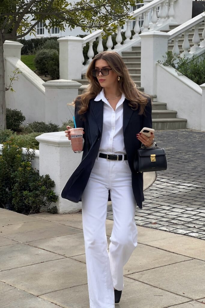 Navy Pinstripe Blazer + White Button-Down Shirt + White Wide-Leg Jeans + Black Loafers