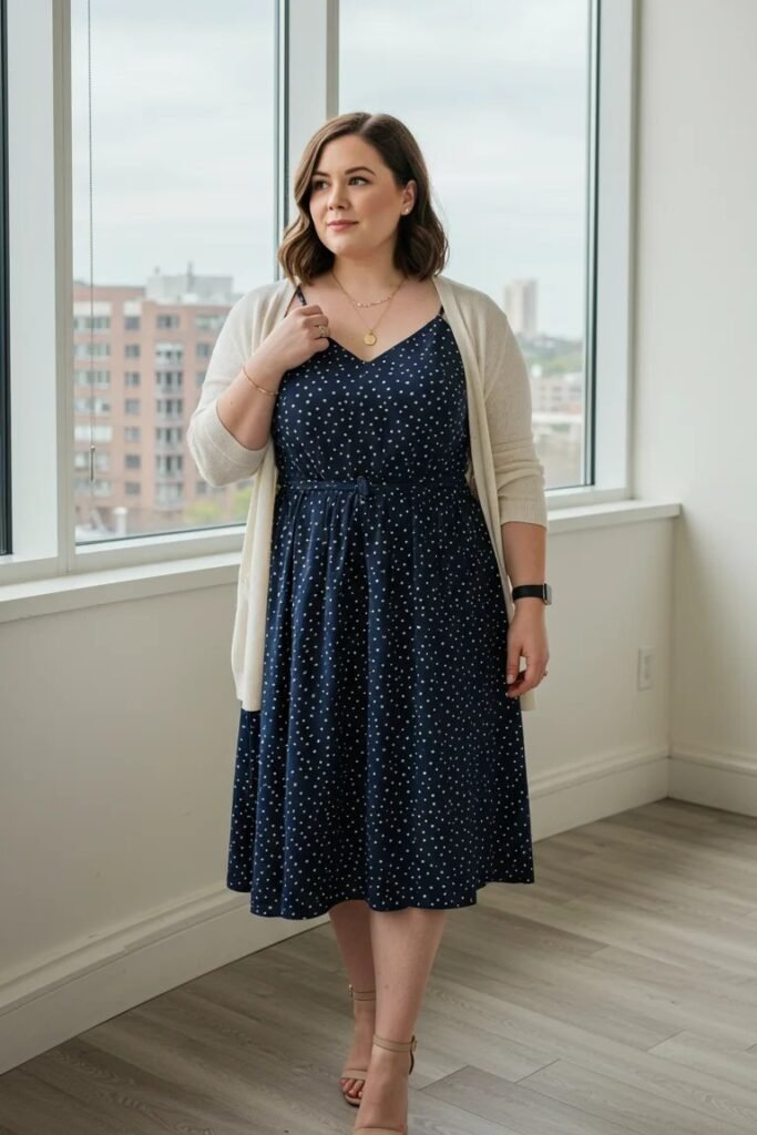 Navy Polka Dot Midi Dress + Cream Short Cardigan + Nude Ankle-Strap Heels