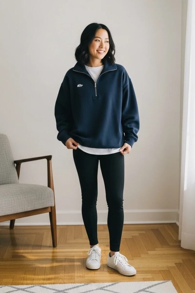 Navy Quarter-Zip Pullover + White Undershirt + Black Leggings + White Leather Sneakers