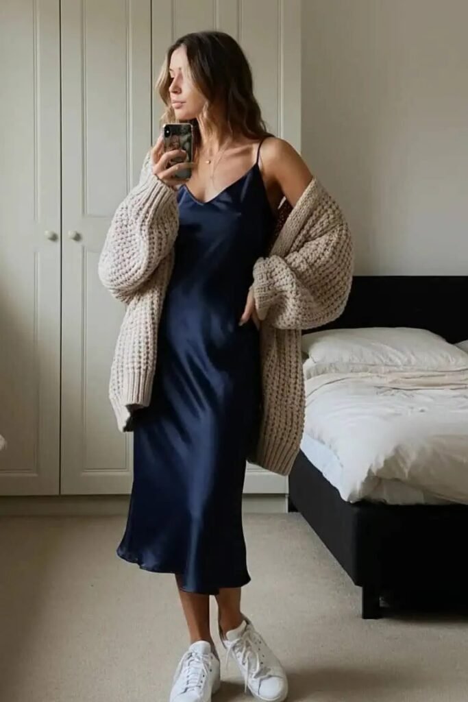 Navy Satin Slip Dress + Chunky Beige Cardigan + White Classic Sneakers