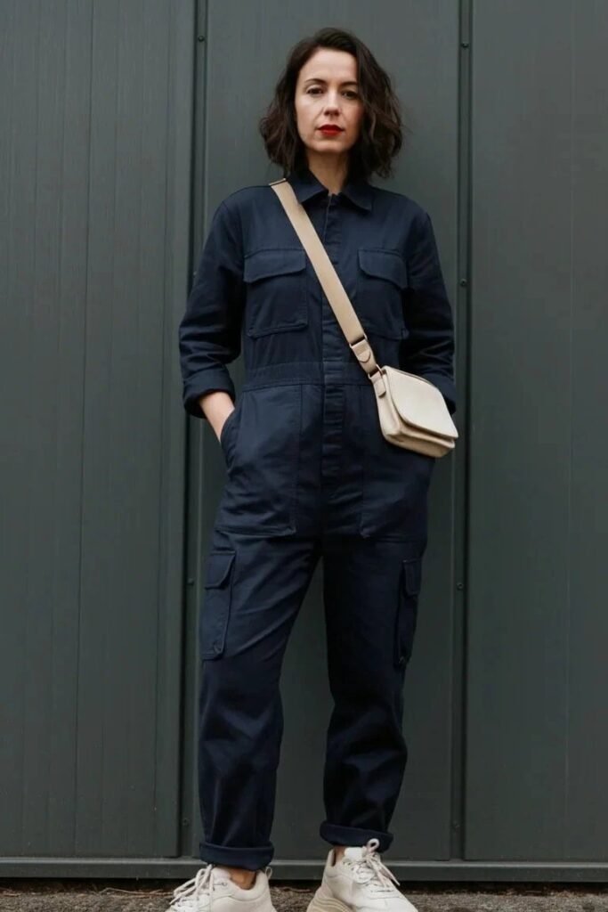 Navy Utility Boilersuit + Beige Crossbody Bag + White Athletic Sneakers