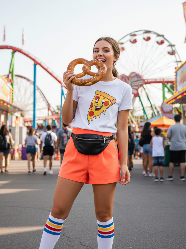 Novelty Graphic Tee + Colorful Shorts + Knee-High Socks