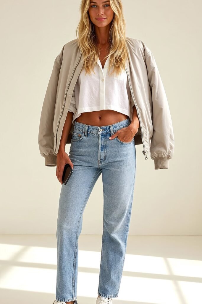 21. Off-White Bomber Jacket + White Crop Shirt + Light Wash Straight Jeans