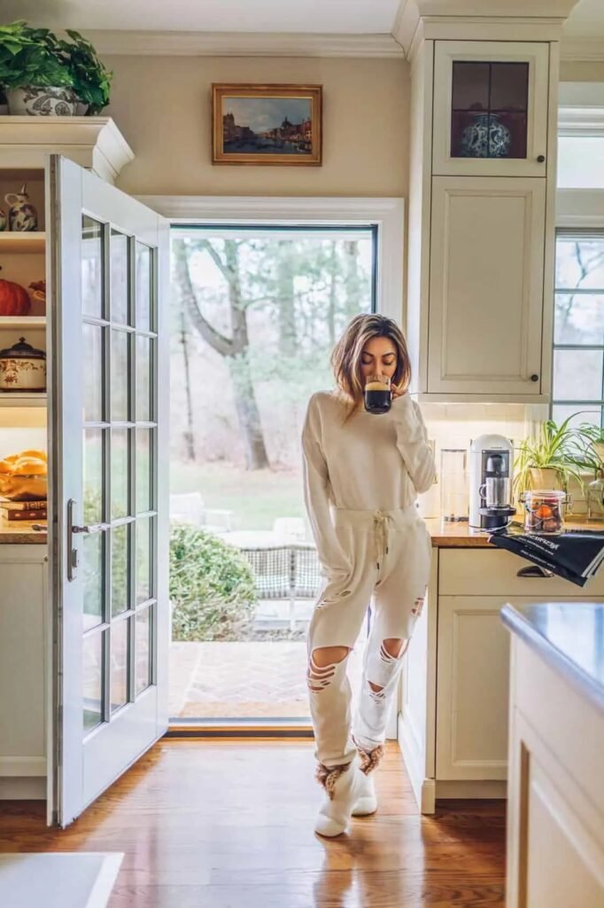 Off White Distressed Lounge Set + White Faux Fur Boots