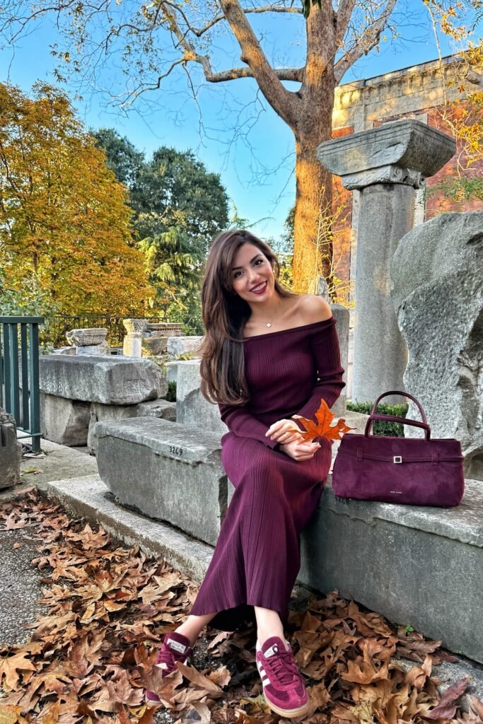 Off-the-Shoulder Burgundy Knit Dress + Matching Burgundy Sneakers + Burgundy Suede Bag