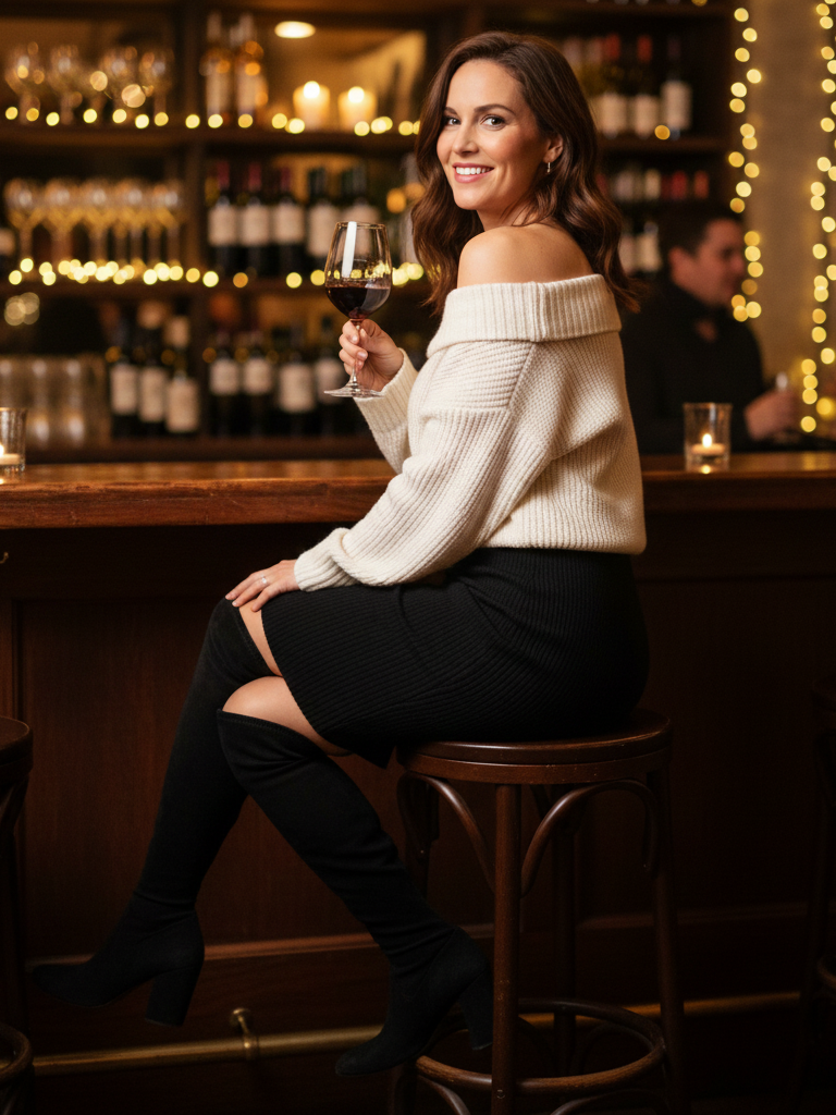 Off-the-Shoulder Sweater + Bodycon Skirt + Over-the-Knee Boots