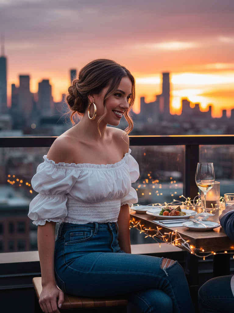 Off-the-Shoulder Top + Distressed Skinny Jeans + Block Heel Sandals