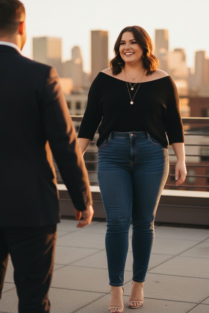 Off-the-Shoulder Top + High-Waisted Jeans + Heels
