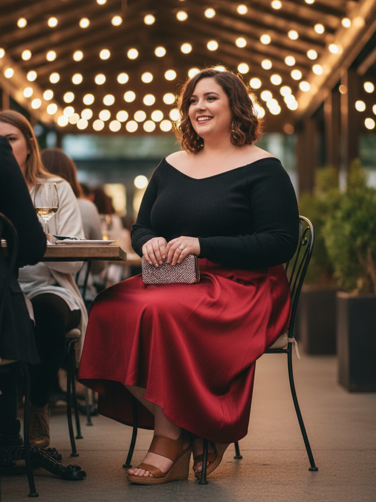 Off-the-Shoulder Top + Midi Skirt + Wedges