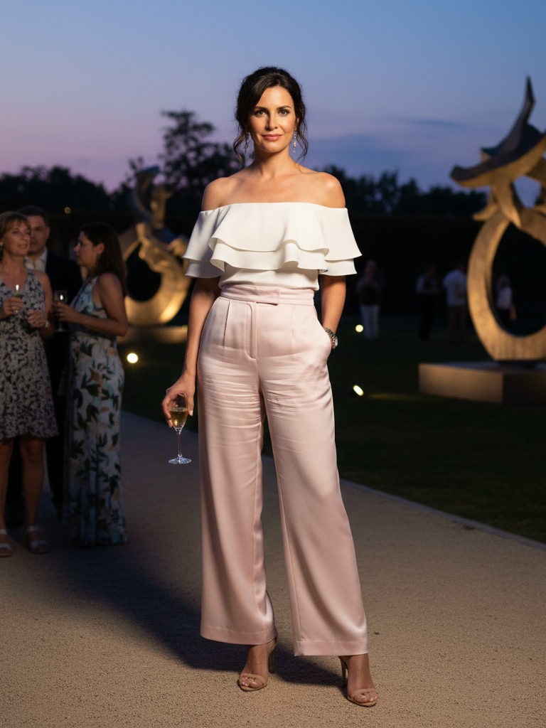 Off-the-Shoulder Top + Wide-Leg Silk Pants