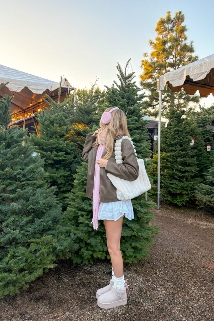Olive Faux-Leather Jacket + White Ruffled Mini Skirt + Pink Scarf & Earmuffs + White Platform Boots
