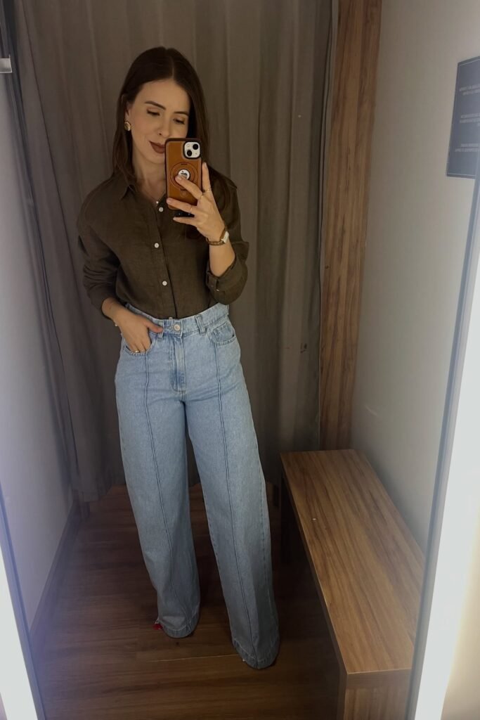 Olive Green Button-Down Linen Shirt + Light Wash Wide-Leg Jeans + Gold Strappy Sandals