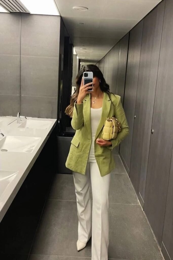 Olive Green Linen Blazer + White Tank Top + White Wide-Leg Trousers + White Pointed Heels
