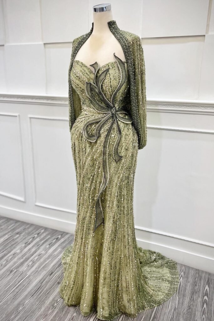 Olive Green Sequin Gown + Matching Beaded Bolero + Architectural Floral Waist Detail