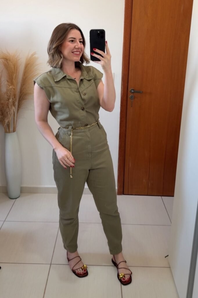 Olive Green Short-Sleeve Jumpsuit + Gold Chain Belt + Black Strappy Sandals