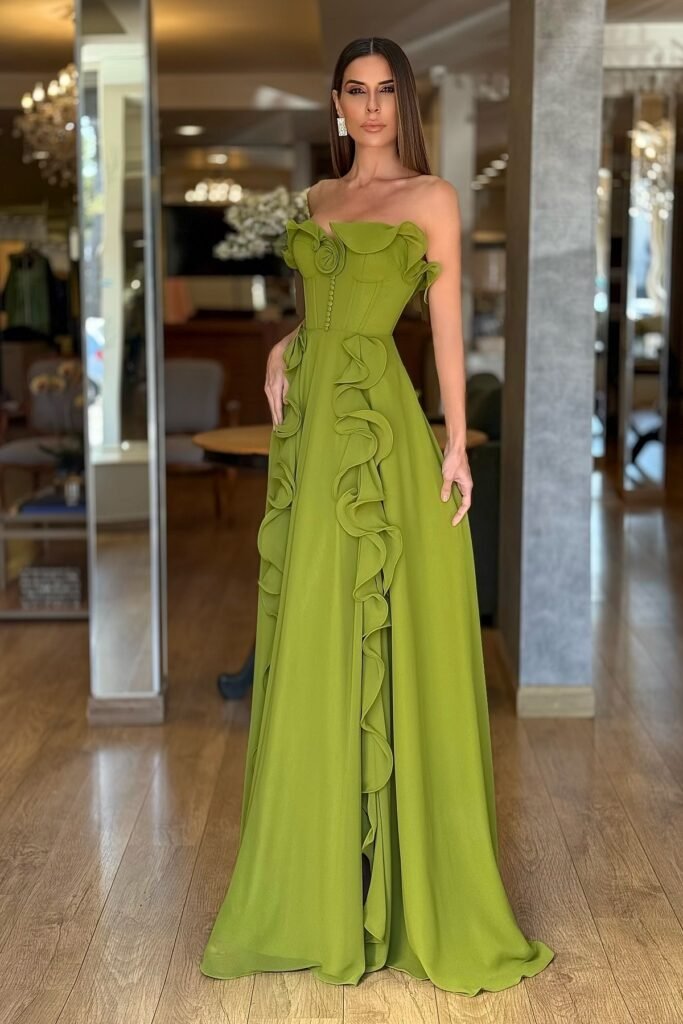 Olive Green Strapless Corset Gown with Vertical Ruffle Detail