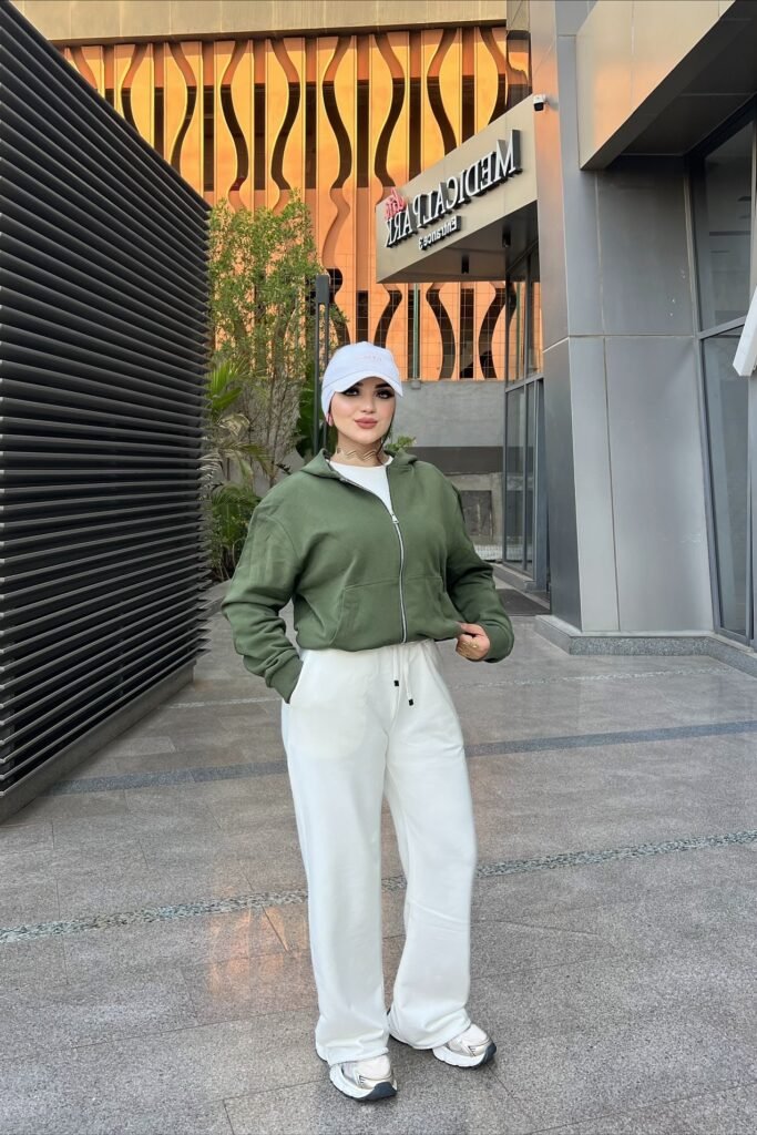Olive Green Zip-Up Hoodie + White Wide-Leg Sweatpants + White Sneakers