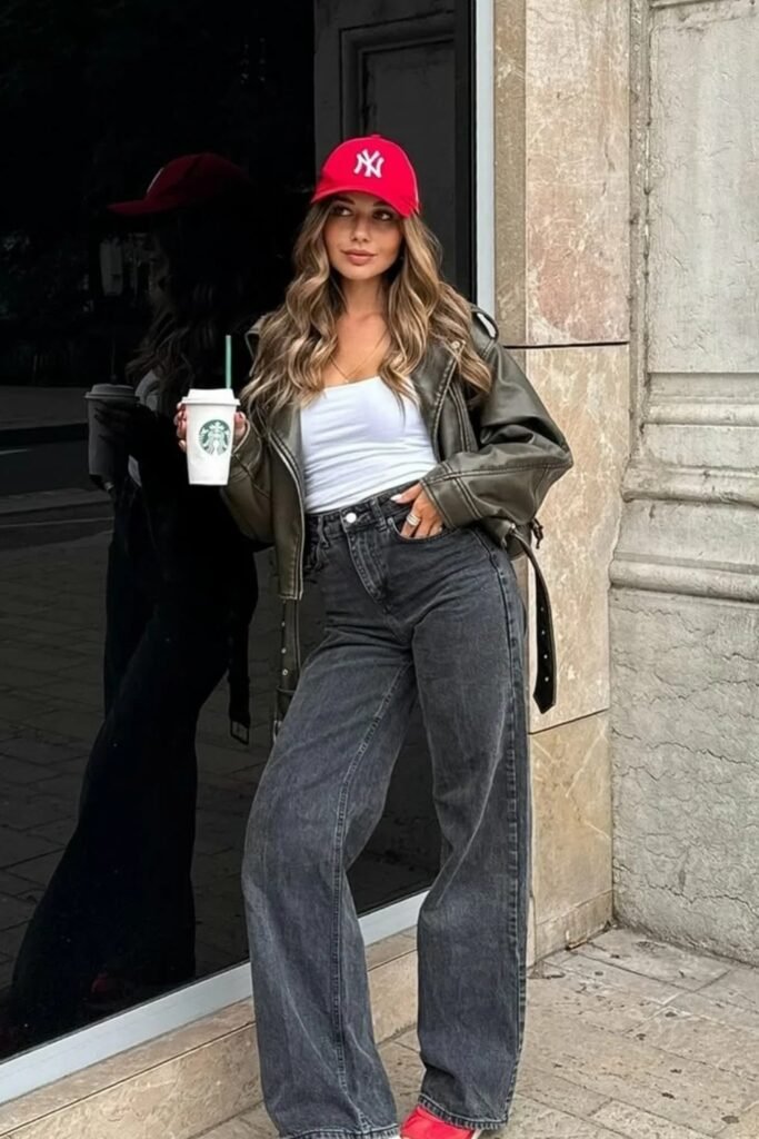 Olive Leather Bomber Jacket + White Tank Top + Dark Grey Wide-Leg Jeans + Red Baseball Cap
