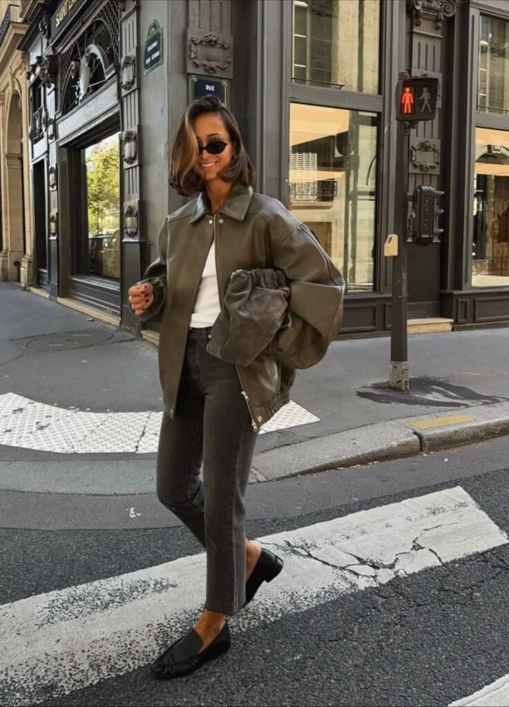 Olive Leather Shirt Jacket + White Tank Top + Dark Grey Jeans + Black Loafers
