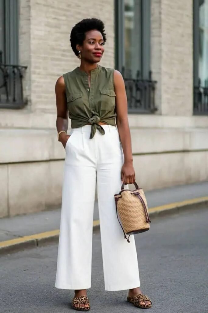 Olive Sleeveless Tie-Front Shirt + White Wide-Leg Trousers + Leopard Print Slides