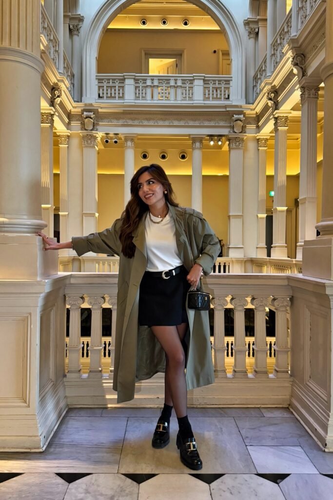 Olive Trench Coat & White Tee + Black Mini Skirt + Black Loafers & Socks