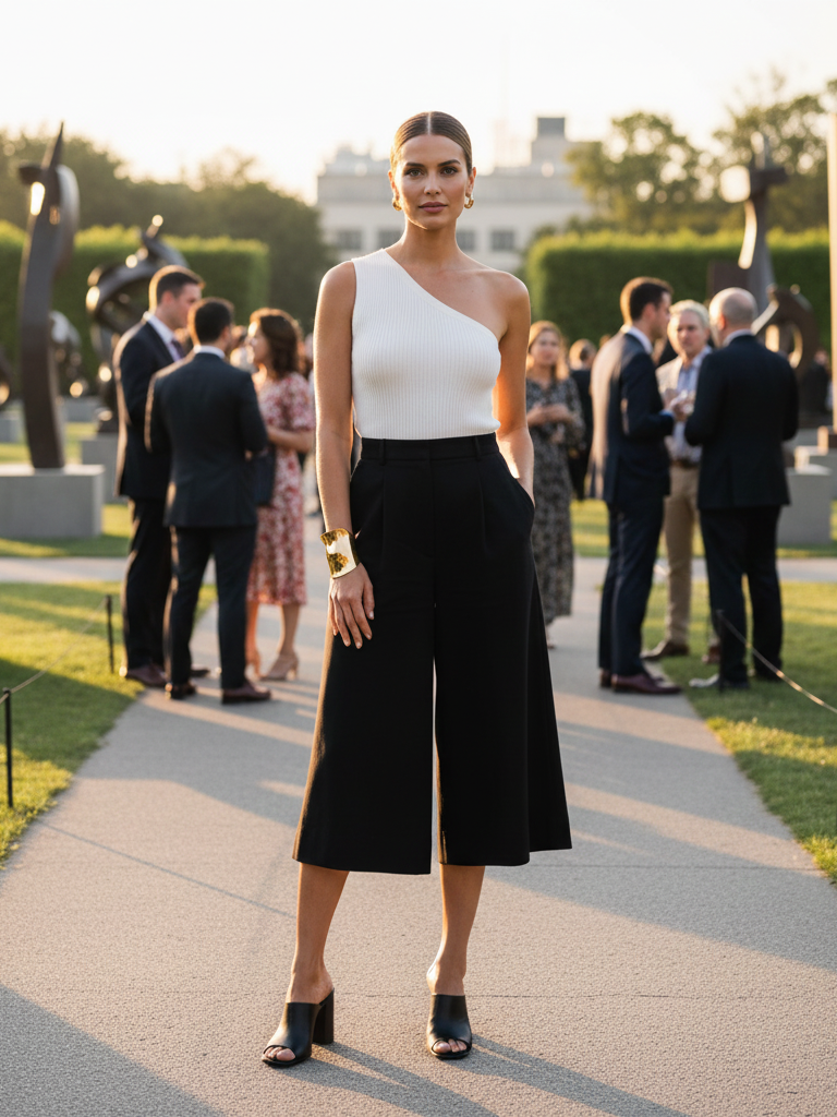 One-Shoulder Top + Wide-Leg Culottes + Block Heels