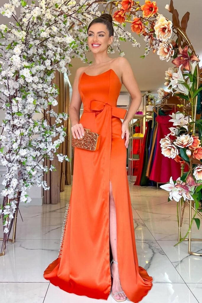 Orange Strapless Satin Gown + Gold Patterned Clutch + Silver Strappy Sandals