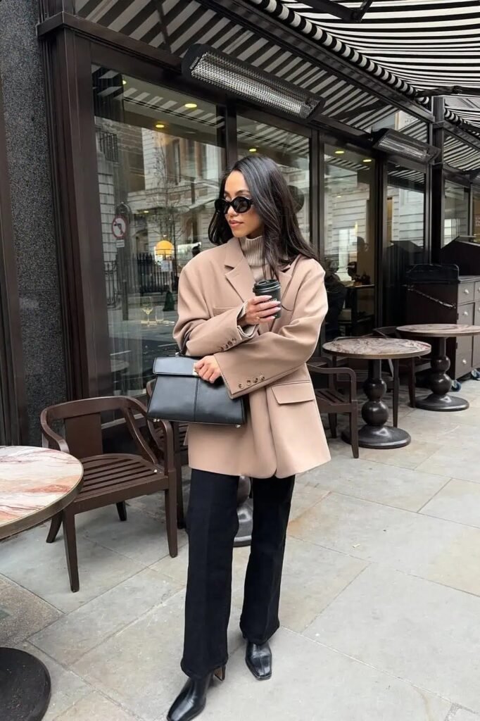 Oversized Beige Blazer + Taupe Turtleneck + Black Wide-Leg Trousers + Black Square-Toe Boots