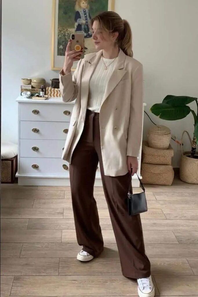 Oversized Beige Blazer + White Ribbed Top + Brown Wide-leg Trousers + White Sneakers