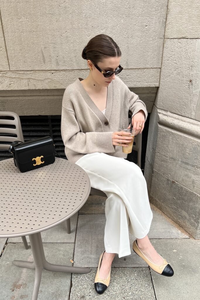 Oversized Beige Cardigan + White Wide-Leg Trousers + Two-Tone Ballet Flats
